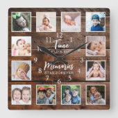 12 Foto Collage Time Herinneringen Quote Dark Wood Vierkante Klok (Voorkant)