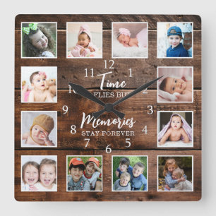 12 Foto Collage Time Herinneringen Quote Dark Wood Vierkante Klok