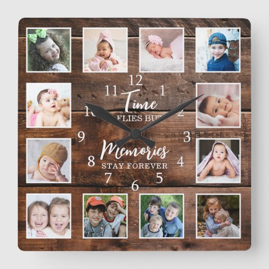 12 Foto Collage Time Herinneringen Quote Dark Wood Vierkante Klok (Voorkant)
