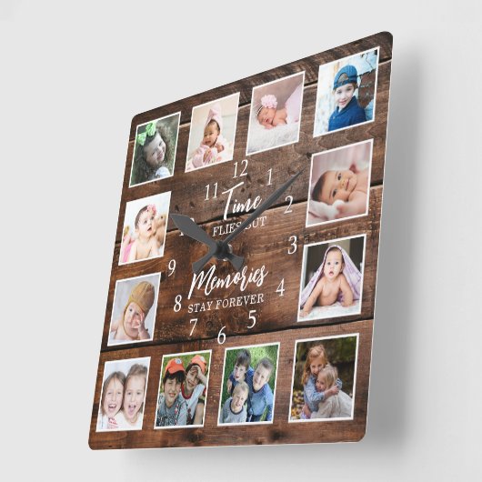 12 Foto Collage Time Herinneringen Quote Dark Wood Vierkante Klok (Hoek)