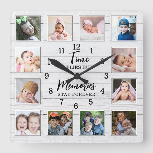12 Foto Collage Time Herinneringen Quote Wit Hout Vierkante Klok (Voorkant)