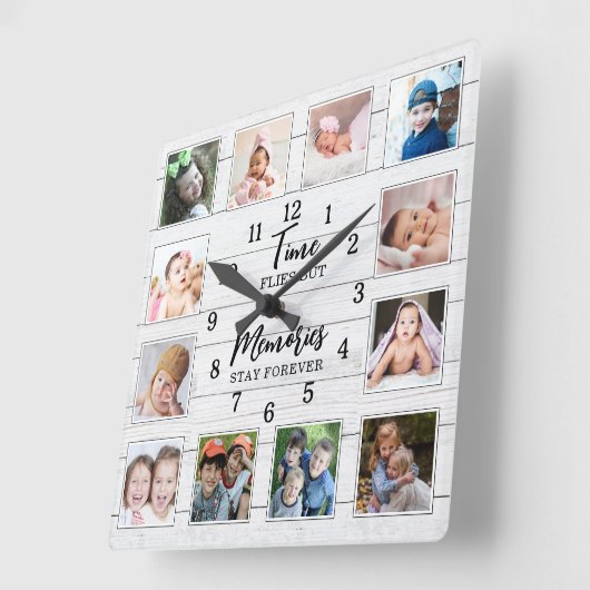 12 Foto Collage Time Herinneringen Quote Wit Hout Vierkante Klok (Hoek)