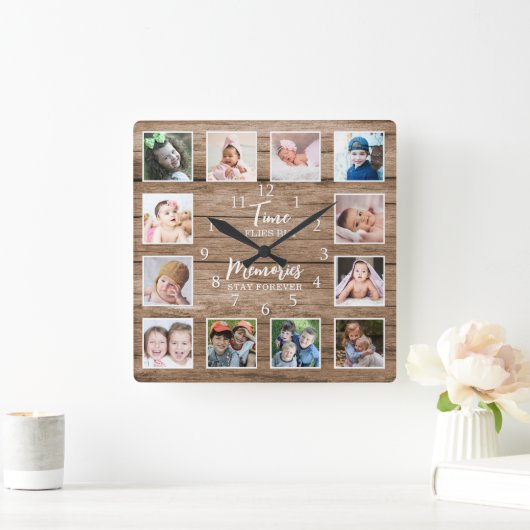 12 Foto Collage Time Memories Quote Rustic Wood Vierkante Klok (Huis)