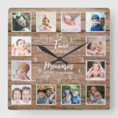 12 Foto Collage Time Memories Quote Rustic Wood Vierkante Klok (Voorkant)
