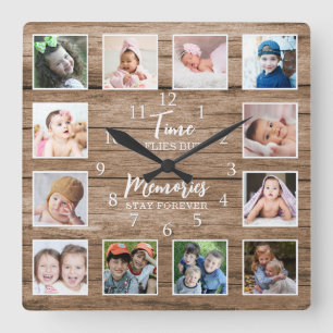 12 Foto Collage Time Memories Quote Rustic Wood Vierkante Klok