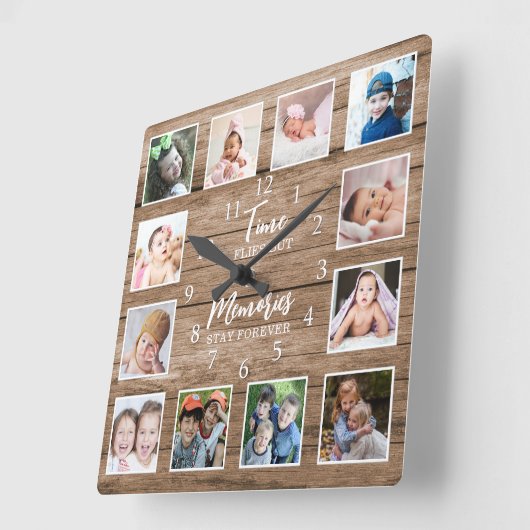 12 Foto Collage Time Memories Quote Rustic Wood Vierkante Klok (Hoek)