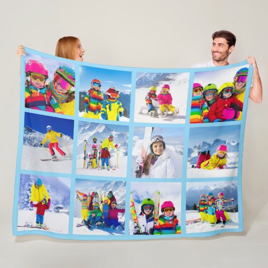 12 Foto Grid Collage Baby Blauw Fleece Deken (In situ)