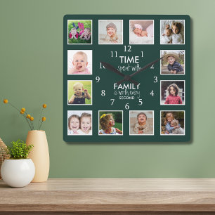 12 foto sjabloon familietijd citaat bosgroen vierkante klok