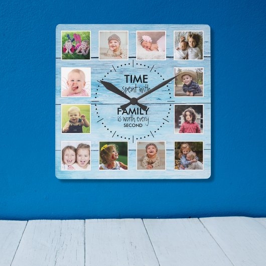 12 Foto Tijd Familie Quote Blauw Hout Beach House Vierkante Klok