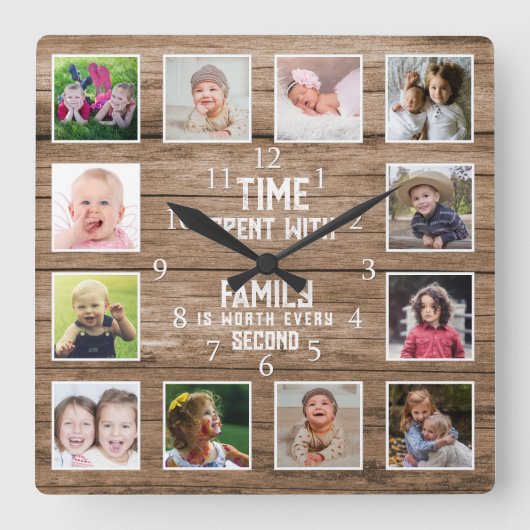 12 Foto van Collage Family Quote Reclaimed Wood Vierkante Klok (Voorkant)