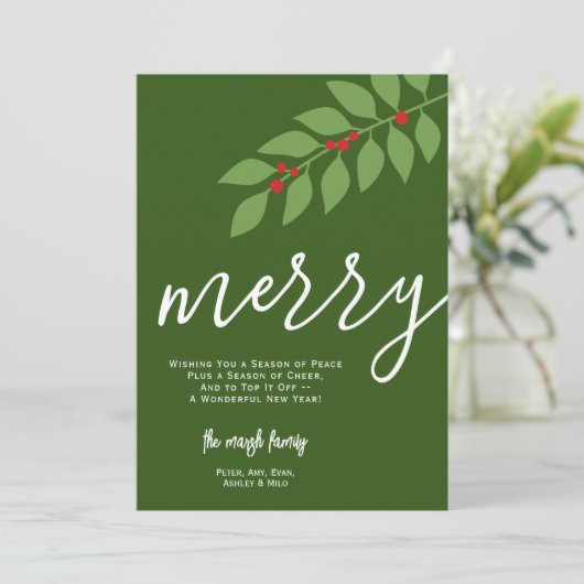 12 Fotocollage - Merry Script - Green Botanical Feestdagenkaart (Staand voorkant)