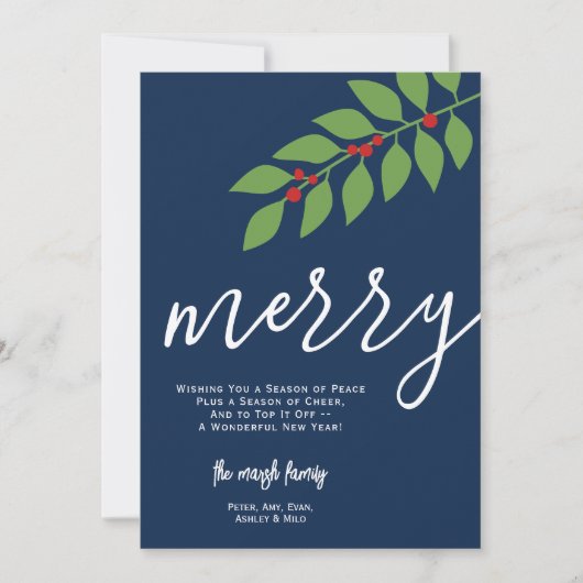 12 Fotocollage - Merry Script - Navy Botanical Feestdagenkaart (Voorkant)