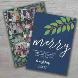12 Fotocollage - Merry Script - Navy Botanical Feestdagenkaart