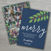 12 Fotocollage - Merry Script - Navy Botanical Feestdagenkaart