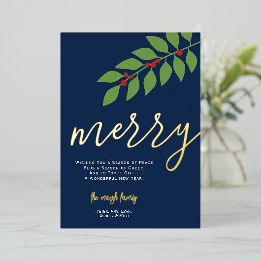 12 Fotocollage - Merry Script - Navy Botanical Folie Feestdagenkaart (Staand Voorkant)