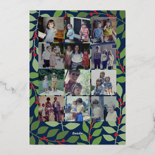 12 Fotocollage - Merry Script - Navy Botanical Folie Feestdagenkaart (Achterkant)