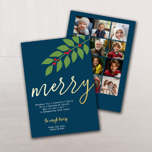 12 Fotocollage - Merry Script - Navy Botanical Folie Feestdagenkaart