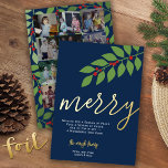 12 Fotocollage - Merry Script - Navy Botanical Folie Feestdagenkaart<br><div class="desc">ONTWERP VOORZIJDE: Een modern, minimaal ontwerp met een enorme "grove" in een trendy script. De kerstboodschap kan worden gewijzigd. Een familiehandtekening is inbegrepen met een gebied om individuele namen toe te voegen. De achtergrondkleur is blauw van de marine. — BACK ONTWERP: gebruik 12 vierkante foto's met het onderwerp gecentreerd. De...</div>