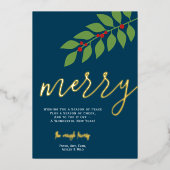 12 Fotocollage - Merry Script - Navy Botanical Folie Feestdagenkaart (Voorkant)