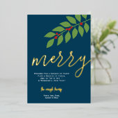 12 Fotocollage - Merry Script - Navy Botanical Folie Feestdagenkaart (Staand Voorkant)