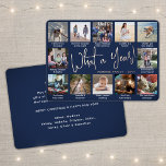 12 Fotocollage Navy Blue Wat een jaar! Modern Folie Feestdagenkaart<br><div class="desc">Wat een jaar om te herinneren! Verstuur stijlvolle vrolijke groeten en deel 12 van je favoriete afbeeldingen met een aangepaste 5x7 fotocollage marineblauw en roos gouden feestkaart. De tekst op deze sjabloon is eenvoudig te personaliseren om het even welke tekst zoals Zure Kerstmis, Prettige feestdagen, Zegengroeten, de Kaas van het...</div>