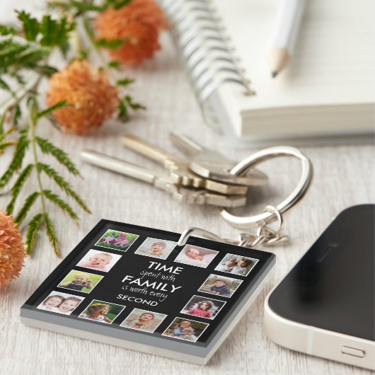12 Fotocollage-tijd met familiekwart zwart Sleutelhanger (Voorkant Rechts)