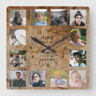 12 Fotocollage-tijd met familiekwarthout Vierkante Klok