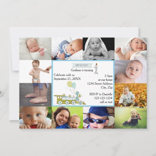 12 Foto's Birthday Train - Birthday Invitation Kaart (Voorkant)