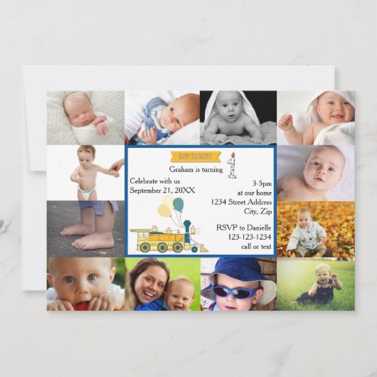 12 Foto's Birthday Train Blue- Birthday Invitation Kaart (Voorkant)