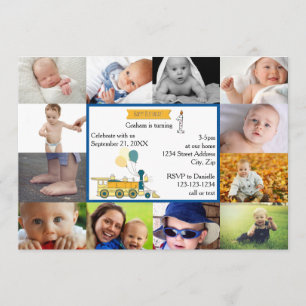 12 Foto's Birthday Train Blue- Birthday Invitation Kaart