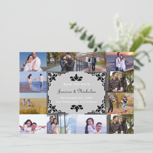 12 Foto's Collage Gray Chevron - 5x7 sparen de dat Save The Date (Staand voorkant)