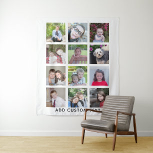 12 foto's - moderne collage - wit met tekst wandkleed