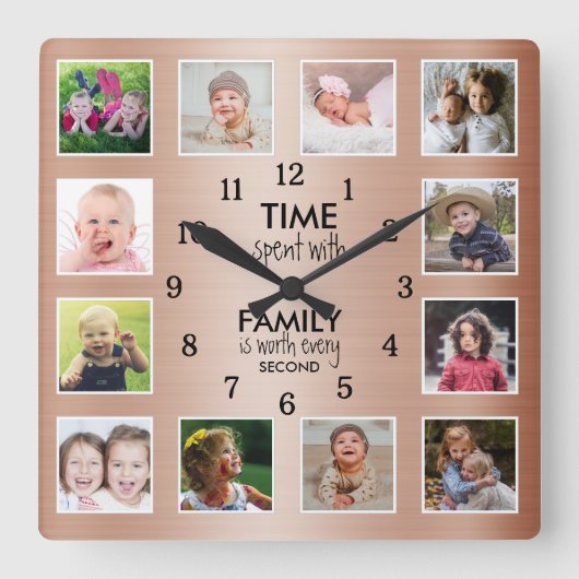 12 Fototijd doorgebracht met Family Quote Copper Vierkante Klok (Voorkant)