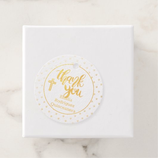 12 GOLD FOIL Katholiek Kruis Dank u QUINCEANERA Bedankjes Labels (Met doos)