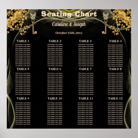 12 Halloween Wedding Tables Black & Gold Skulls Poster (Voorkant)