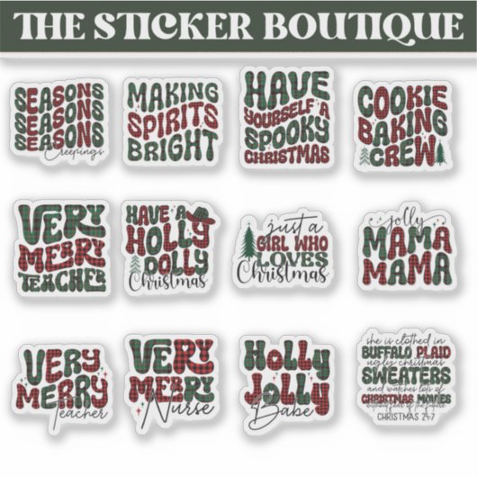 12 in een feestelijke Christmas Plaid Sticker Pack (Voorkant)