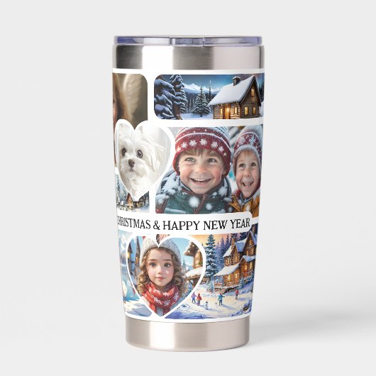 12 Leuke Kerstfoto's Collage Geïsoleerde Drinkbeker (Achterkant)