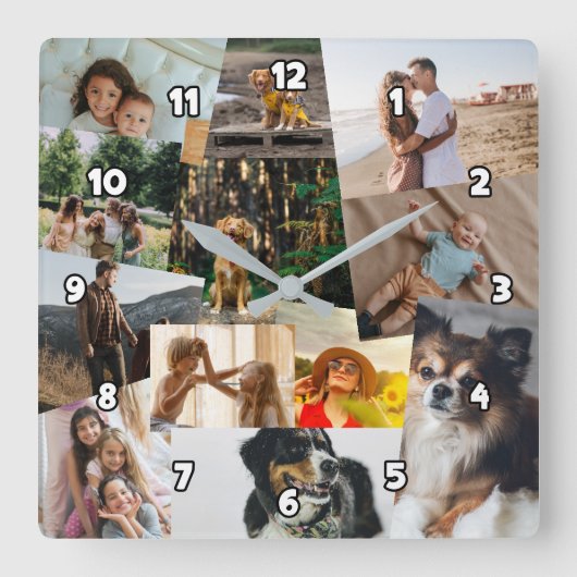 12 lukraak overlappende foto's Collage Sjabloon Vierkante Klok (Voorkant)