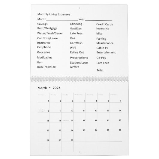 12 Maandelijkse 2026 Kalender Woonkosten Bladen (Mar 2026)