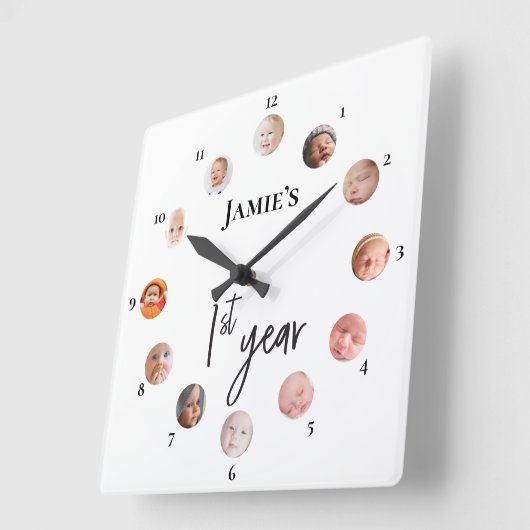 12 maanden aangepaste foto's Baby's 1e jaar Vierkante Klok (Hoek)
