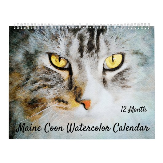 12 maanden Cute Maine Coon Cats Waterverf Painting Kalender (Hoes)