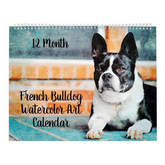 12 maanden Franse Bulldog Dogs Art Waterverf Gift Kalender (Hoes)