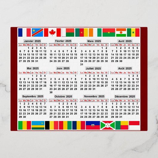 12 maanden kalender van het jaar 2025 folie feestdagen briefkaart (Voorkant)