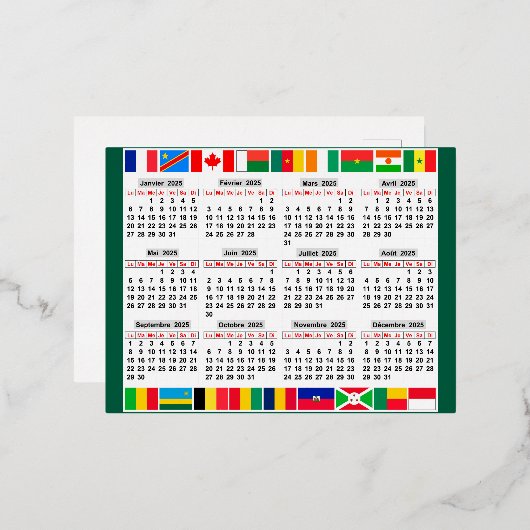 12 maanden kalender van het jaar 2025 folie feestdagen briefkaart (Voorkant / Achterkant)