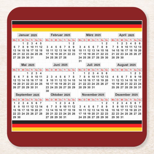 12 maanden kalender van het jaar 2025 kartonnen onderzetters (Voorkant)