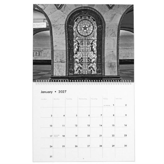 12 maanden metrostation Moskou in zwart-wit Kalender (Jan 2027)