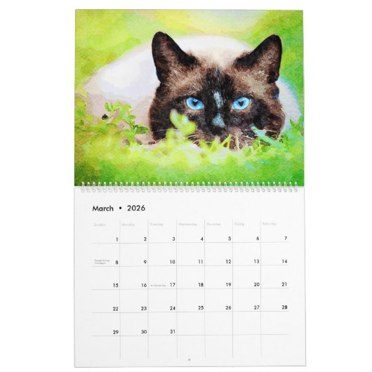 12 maanden Prachtige Siamese katten Waterverf schi Kalender (Mar 2026)