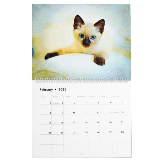 12 maanden Prachtige Siamese katten Waterverf schi Kalender (Feb 2026)