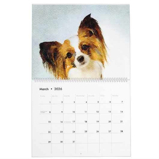 12 maanden Schattig Papillon Dog Waterverf schilde Kalender (Mar 2026)