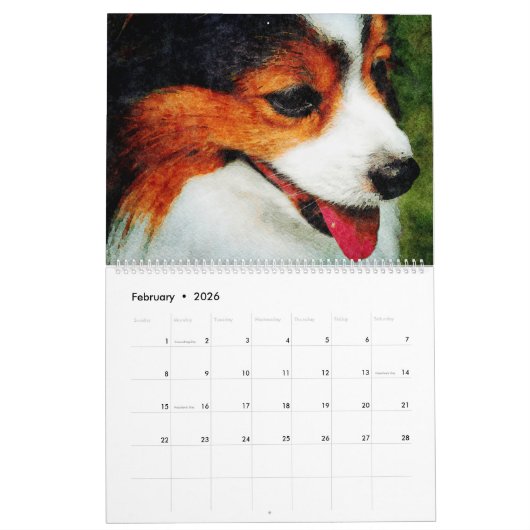 12 maanden Schattig Papillon Dog Waterverf schilde Kalender (Feb 2026)
